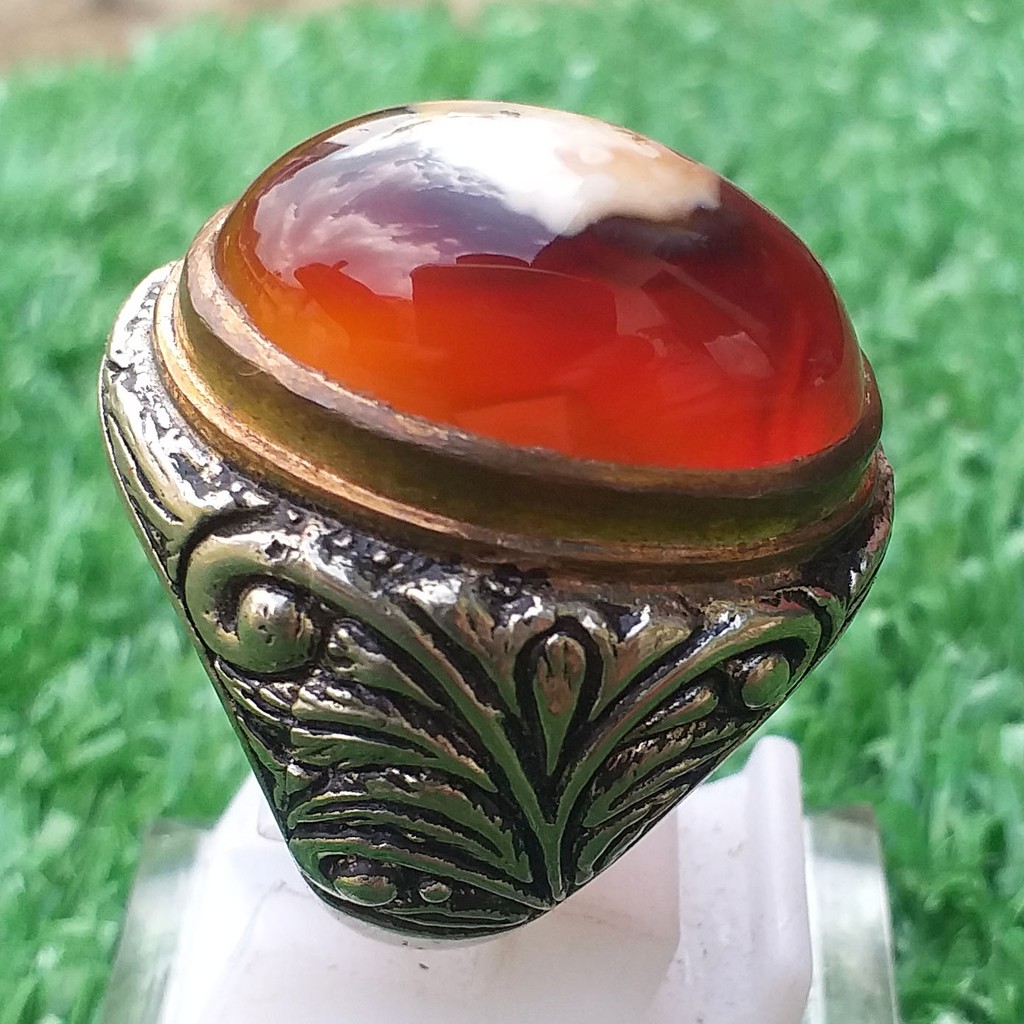 Batu Akik Langka Yaman Madu Kristal Motif Siluet Burung Putih Ring Ukir Keren