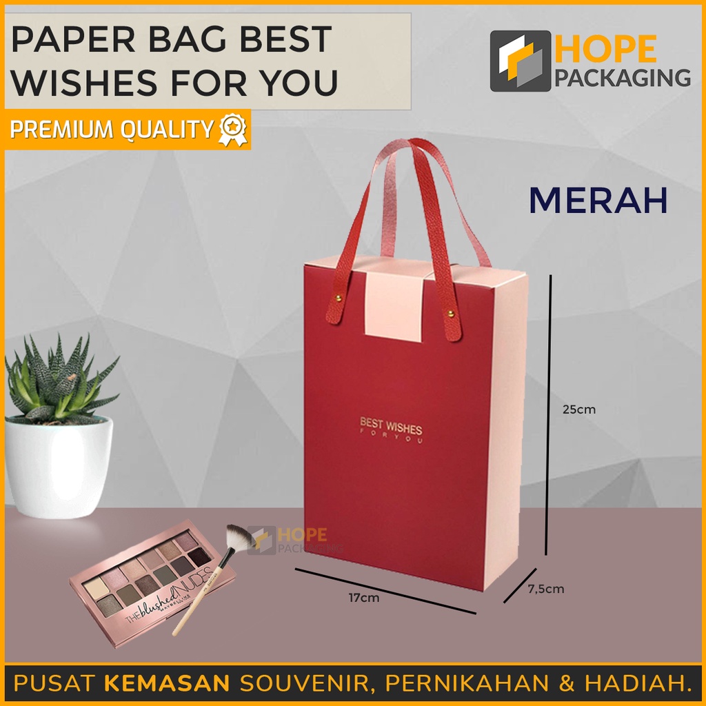 Paper bag tulisan wishes for you Ukuran 17 cm x  7,5 cm x 25 cm tas hadiah / kado / tas belanja / goodiebag hampers