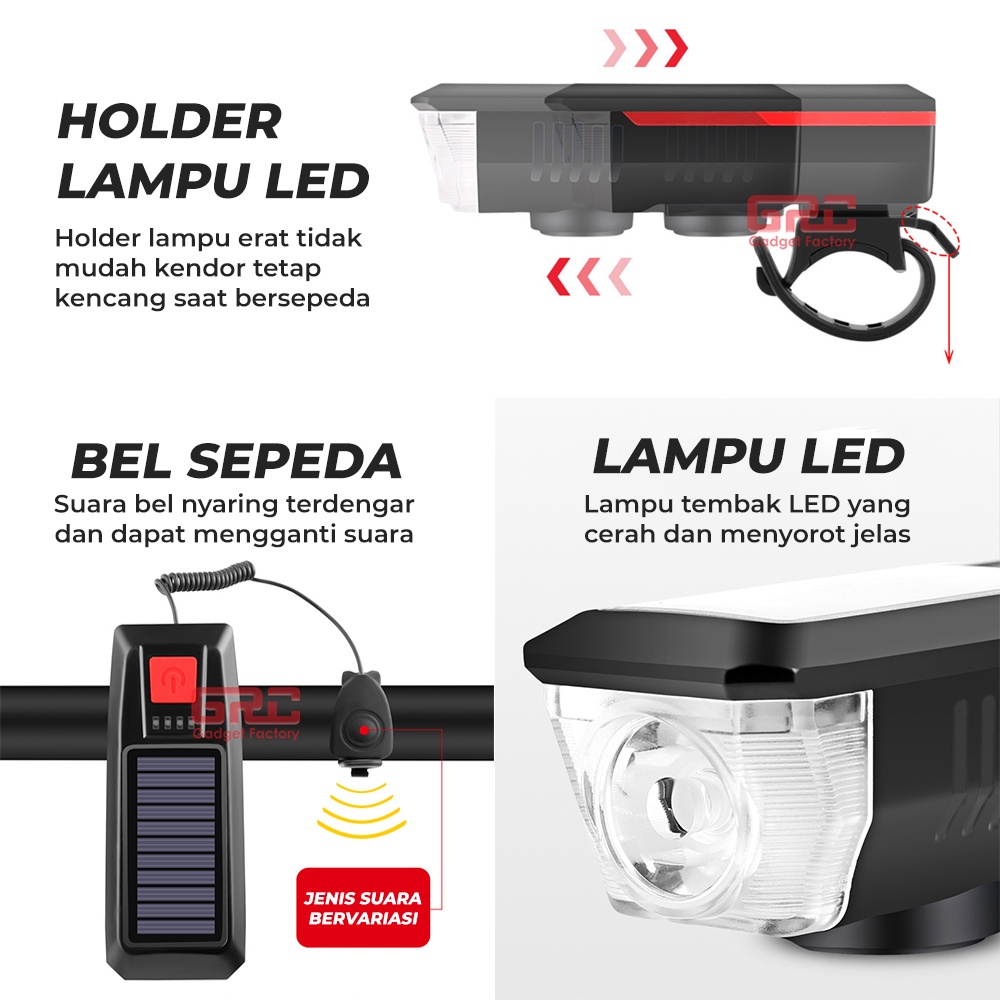 Lampu Klakson Bel Sepeda Depan Belakang USB Solar Panel Tenaga Surya