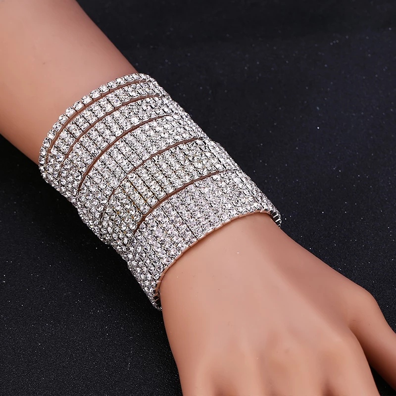 Gelang Kristal Berlian Imitasi 1 / 2 / 3 / 4 / 5 / 6 Baris Elastis Warna Silver Untuk Wanita