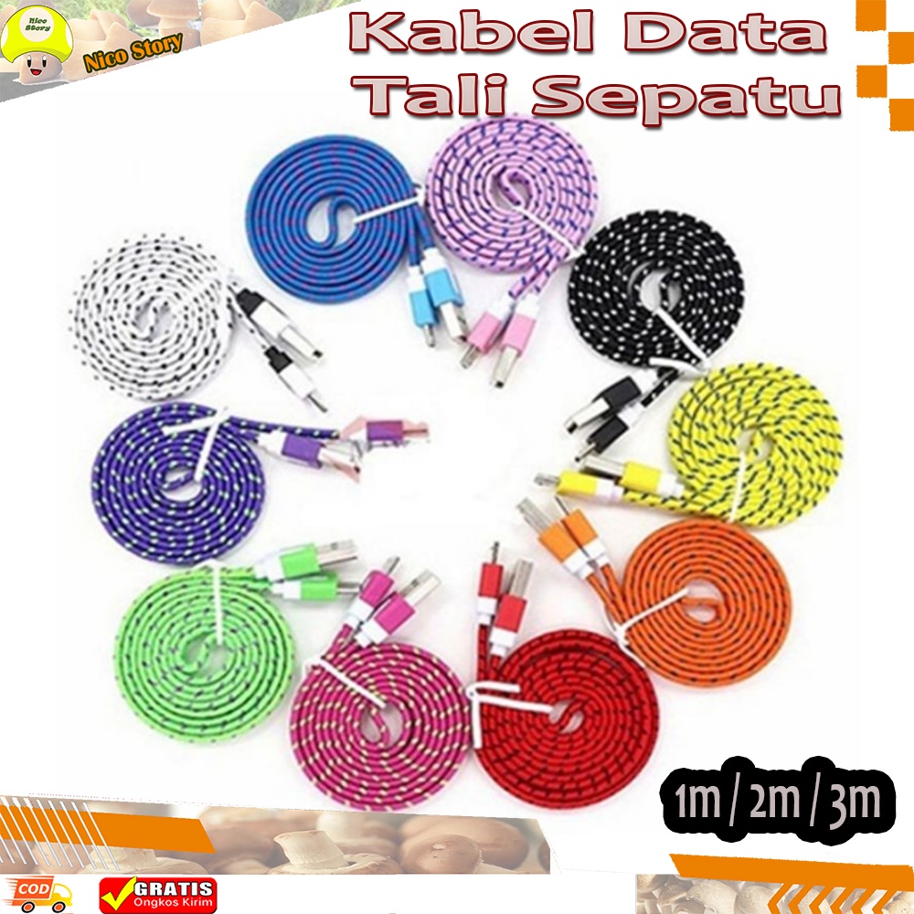 (NCS) Kabel Data Charger Tali Sepatu 1 M / 3 M Micro USB V8 Woven 3 Meter 3M