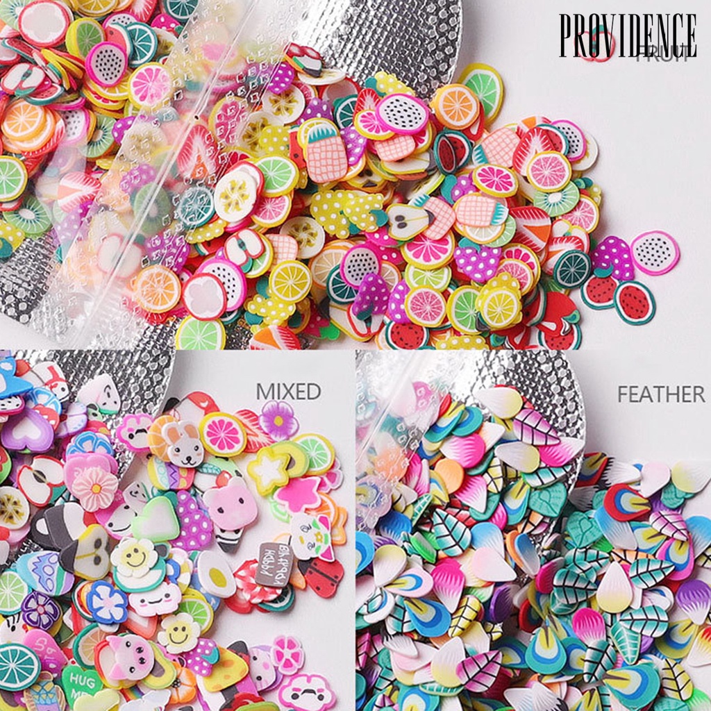 Providence 1000Pcs/Set Nail Slices Fruit Feather Shape Ultra Thin Polymer Clay Soft Mixed Nail Art Slime DIY Charms for Gift