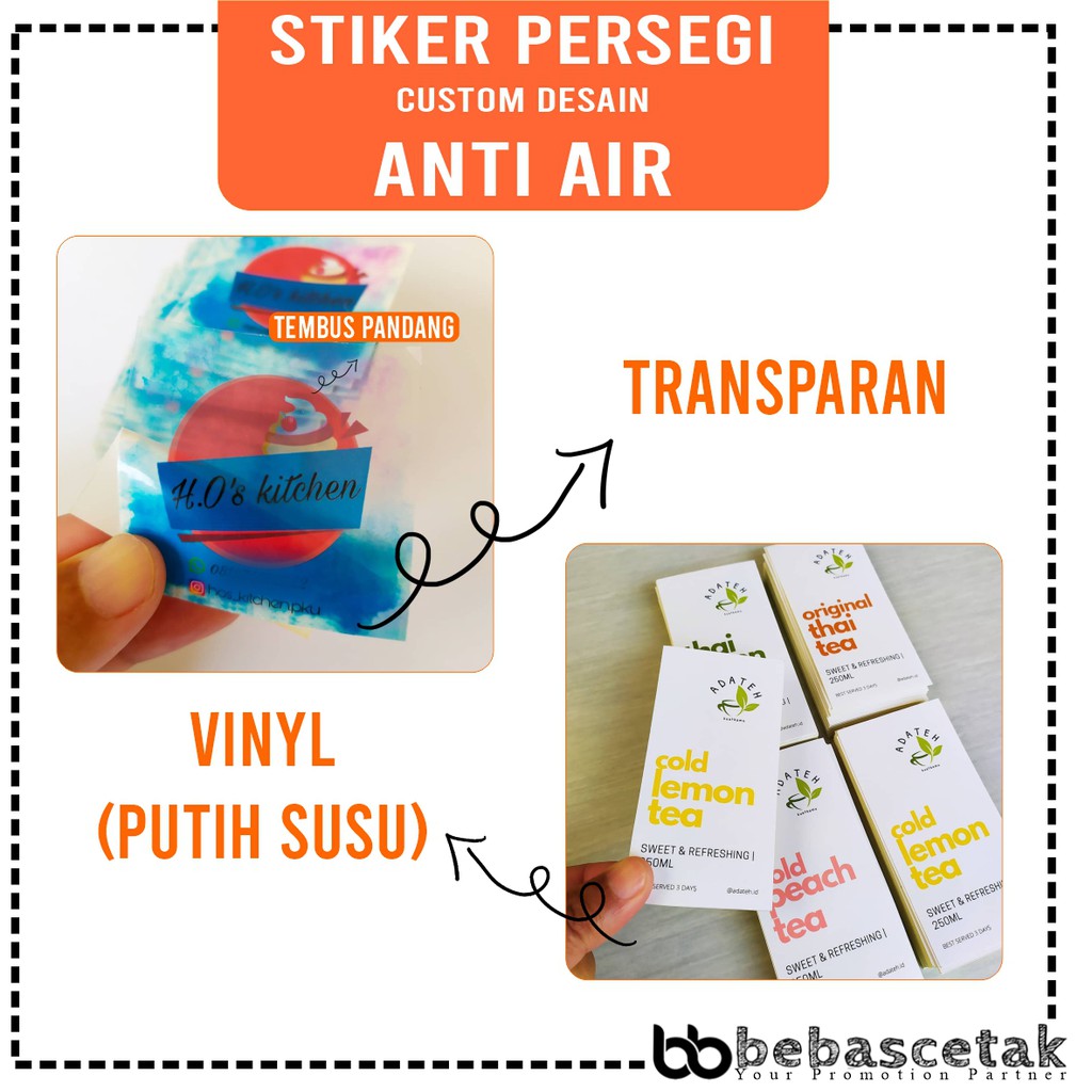 

CETAK STIKER VINYL TRANSPARAN PERSEGI KOTAK CUSTOM DESAIN PRINT STICKER PROMOSI KEMASAN LABEL PRODUK