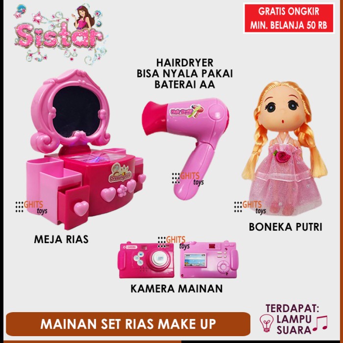 Mainan Anak Perempuan Edukasi MEJA RIAS DANDAN BONEKA PUTRI HAIR DRYER - Tanpa Baterai