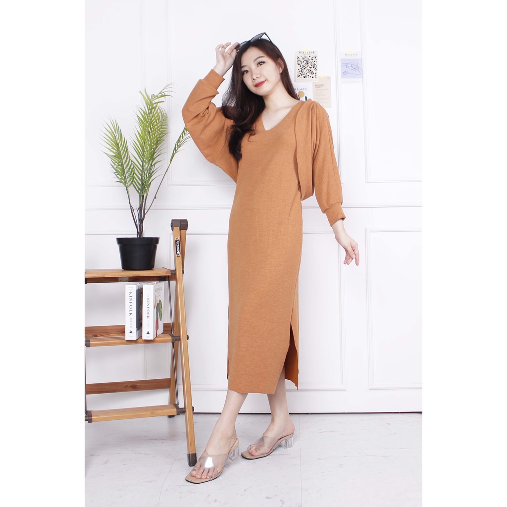 Dress Wanita Premium Nara Set / Dress Maxi V Neck Polos Rompi / Dress Rajut Korea Wanita