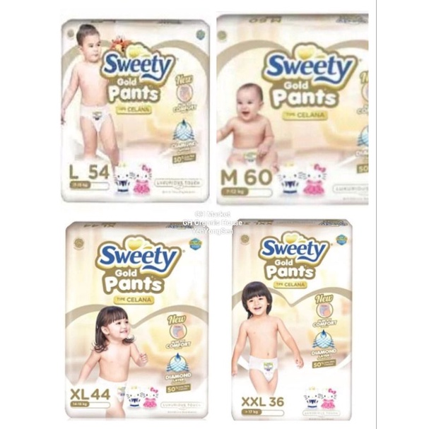 PAMPERS SWEETY PANTS ROYAL GOLD M60 L54 XL44 XXL36 LEMBUT & BEBAS BOCOR