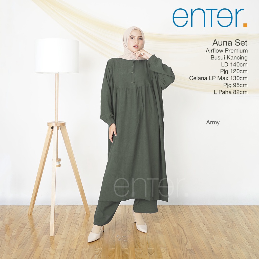 Enter Auna Set Stelan Wanita Kekinian One Set Crinkle Airflow Baju Setelan Jumbo LD 140 Setcel Long Tunik Busui-Army