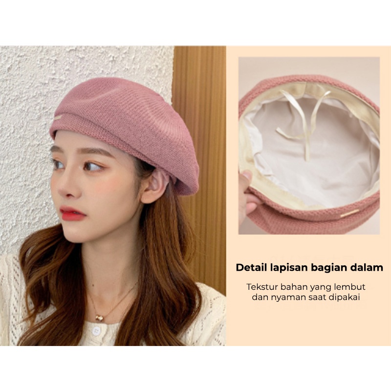 Topi Baret Korea Wanita Dewasa Bahan Wol Tebal Premium Polos Fashion style wanita korea import BRT3