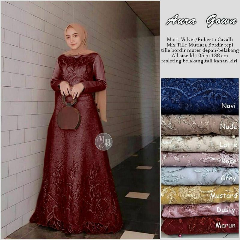 KHUSUS GROSIR Gamis Brokat Aura Gown • Gamis Syar'i • Tile mutiara mix velvet saten