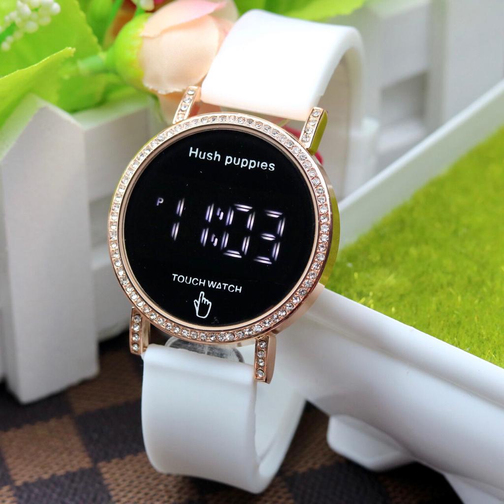 [DG] Jam Tangan Wanita Hush Puppies Hp6081 Digital LED Touchscreen Permata Tali Rubber