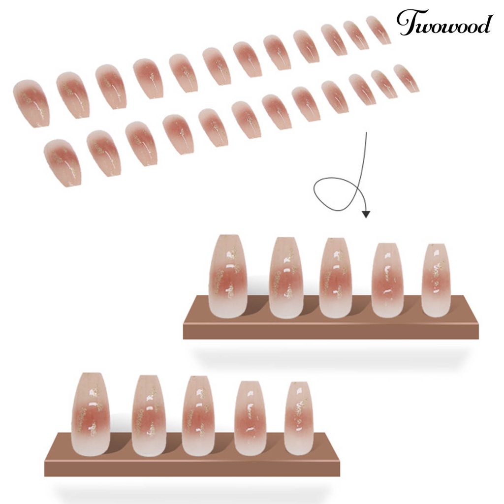 Twowood 24Pcs / Box Kuku Palsu Warna Caramel Gradasi Bahan ABS Untuk Nail Art