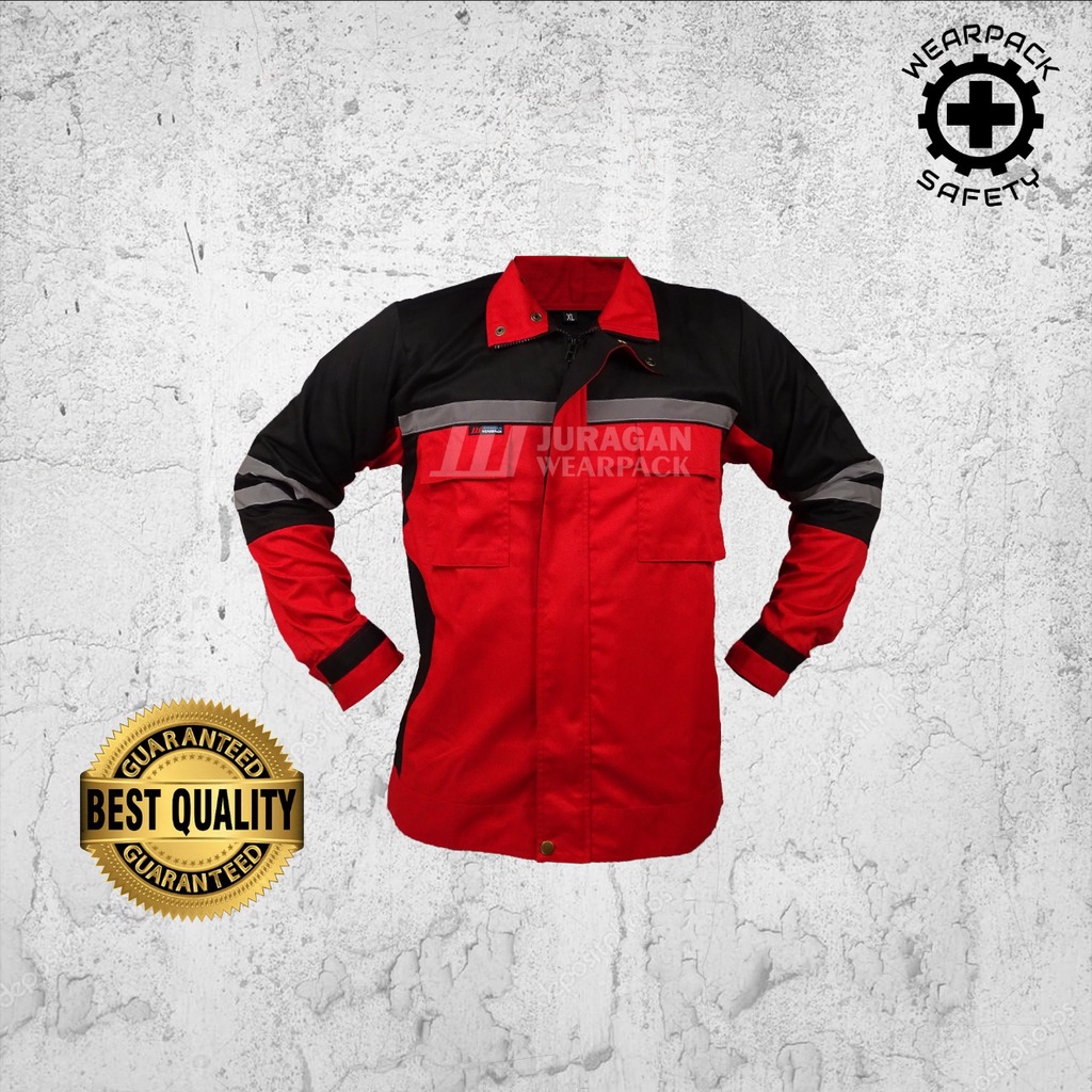 Wearpack Safety Semi Jaket / Baju Kerja Lengan Panjang Warna Merah Kombinasi Hitam