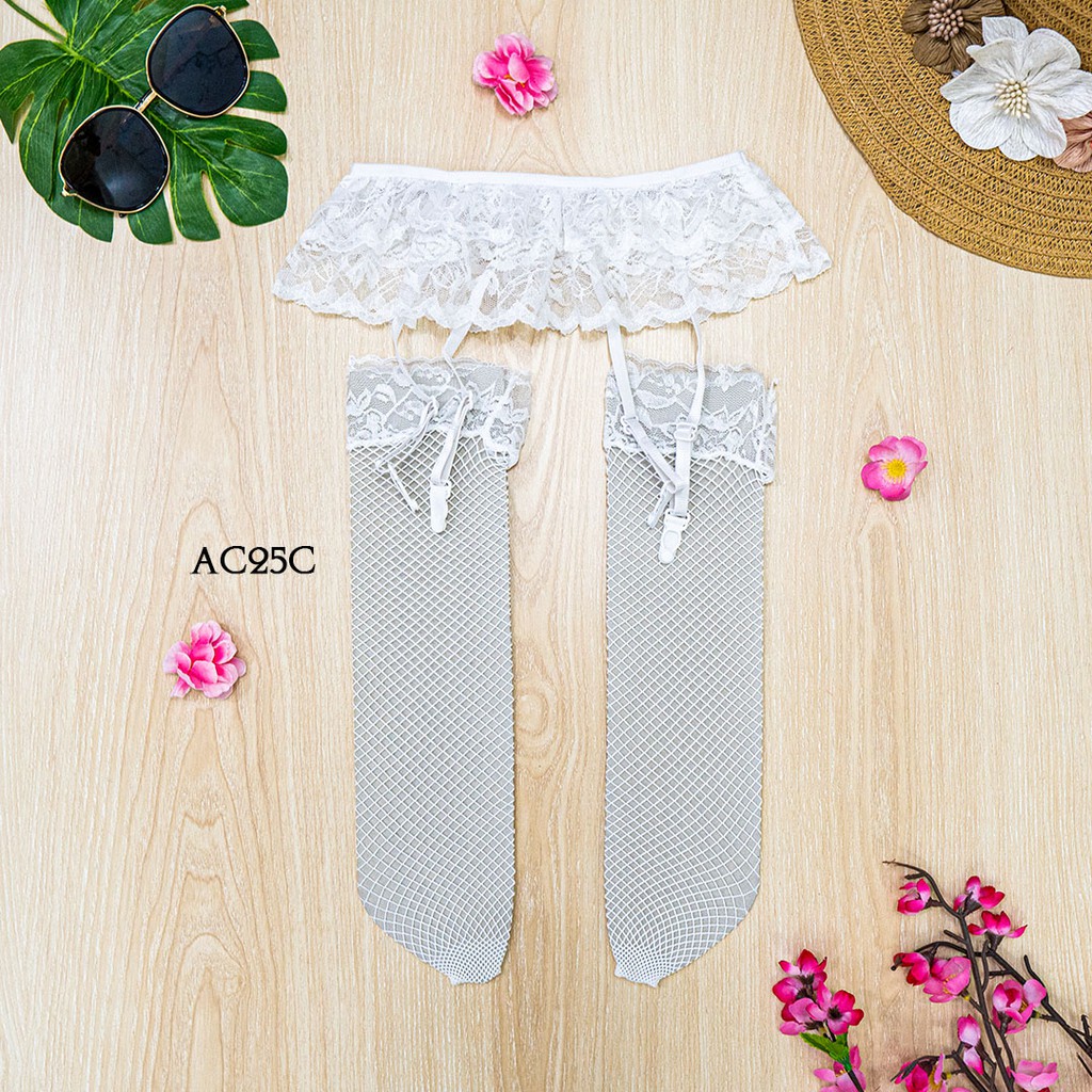 [STOCK TERBATAS] STOCKING WANITA + GARTER BELT SABUK PAHA SEXY LACE PUTIH AC25C