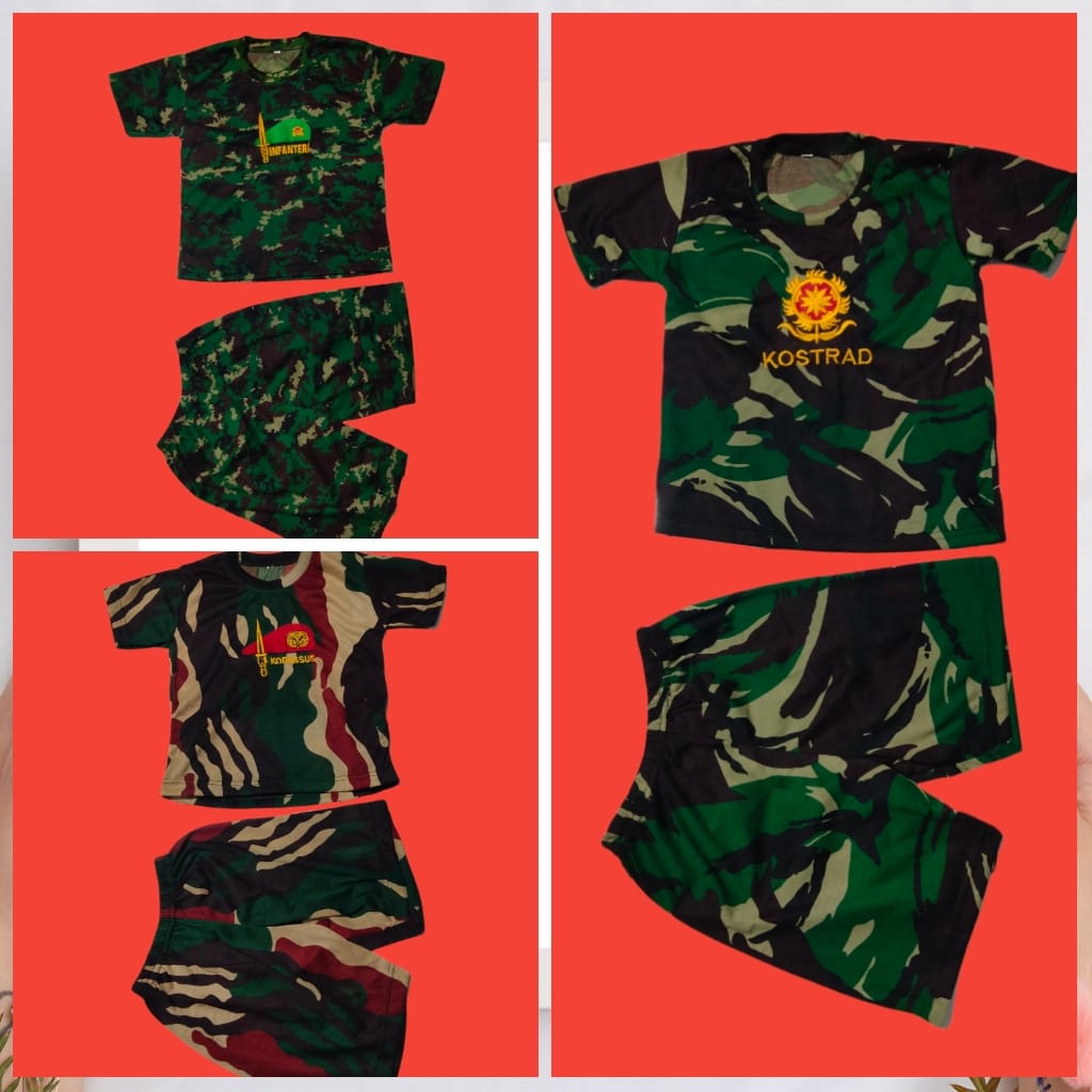 RPM Setelan Anak Kaos Baju Tentara Anak Lengan Pendek Loreng Doreng Army Tentara