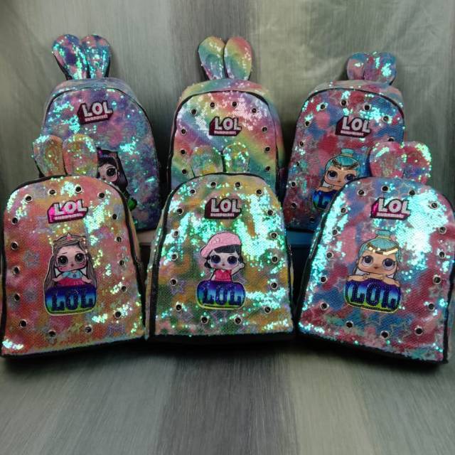 Lol gliter sequin import jumbo UK 30 x35cm bisa untuk anak perempuan SD lampu LED keliling tas