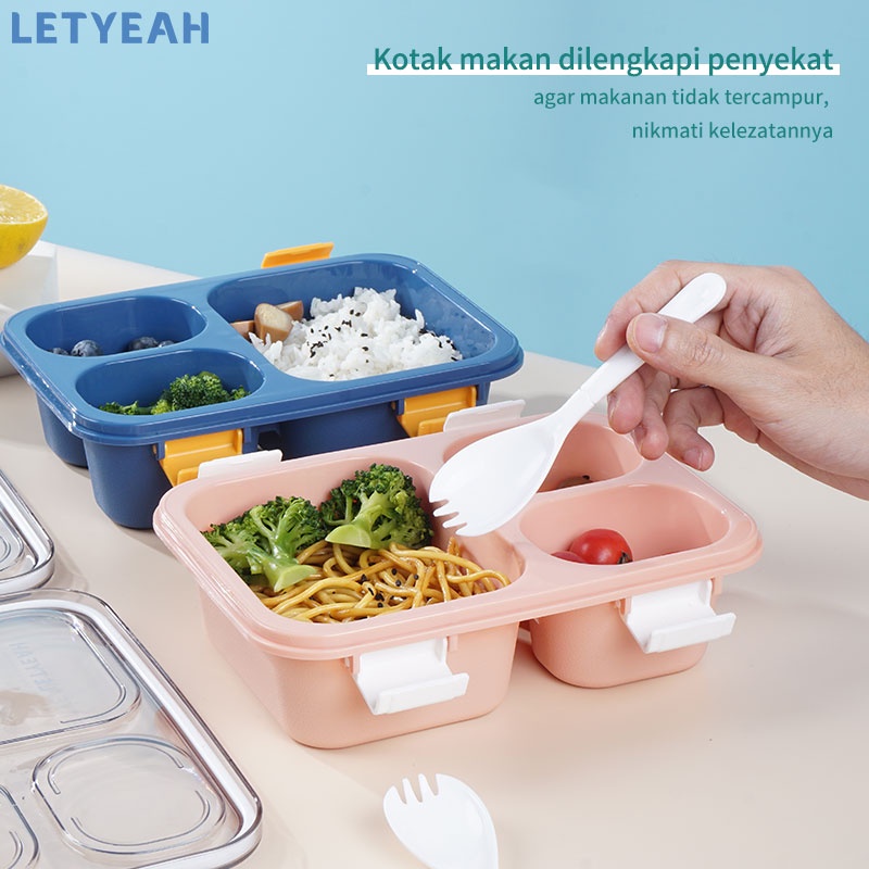 letyeah Kotak Makan 3 grid /tempat bekal makan anti tumpah dan sendok