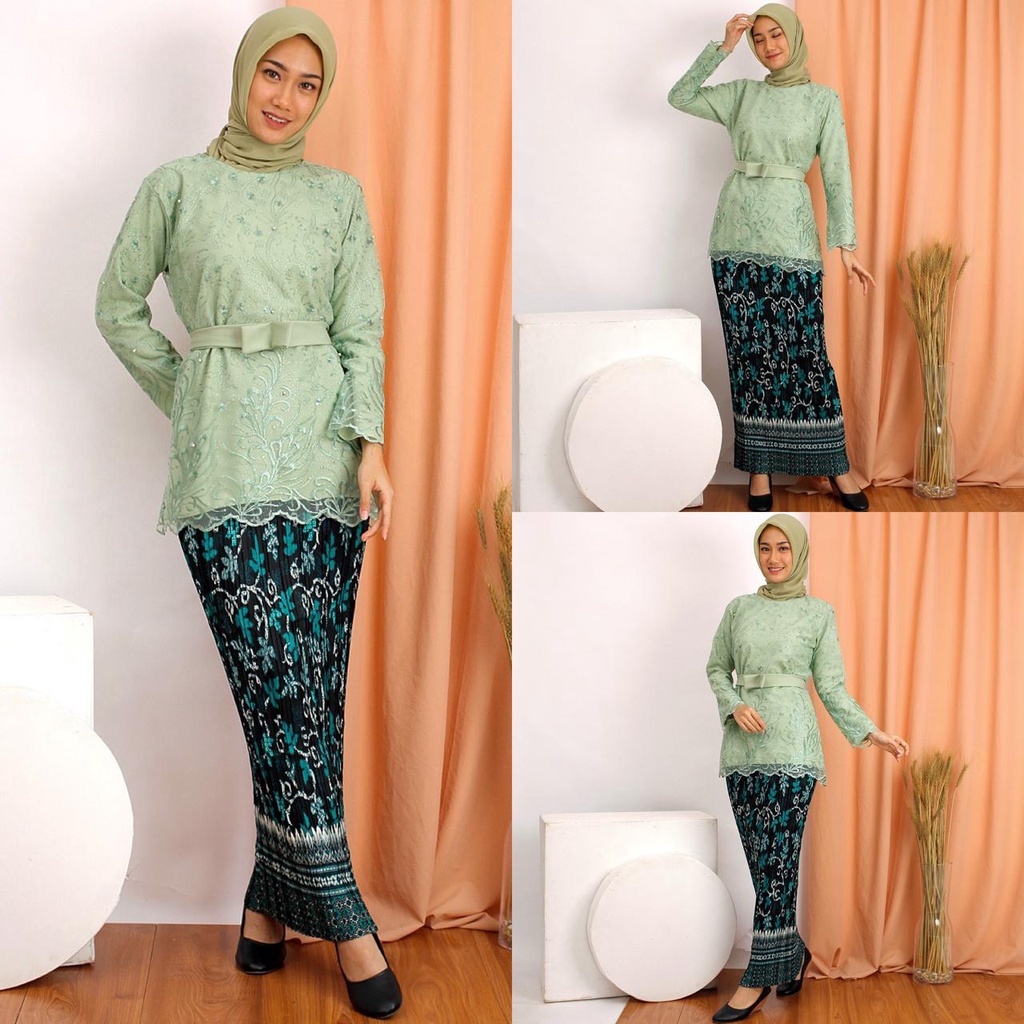 (DIJAMIN REALPICT) Kebaya Manohara Tile Bordir Glitter + Mutiara Tunik Wisuda Kondangan Rok Plisket-5