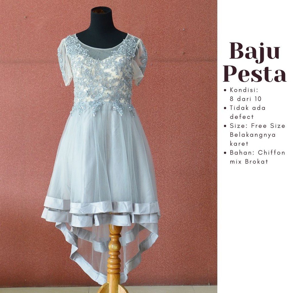 Evening Dress Bridesmaid Chiffon Selutut Warna Silver Lengan Pendek