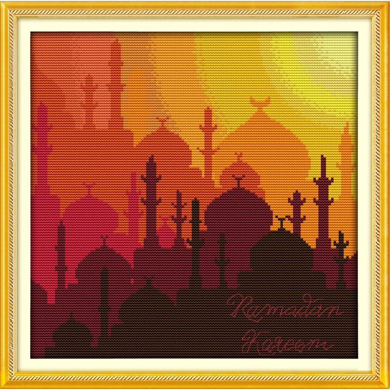 Paket Kristik Siluet Masjid Sunset [ Sulam Strimin Pola Kain Cross Stitch DIY ]
