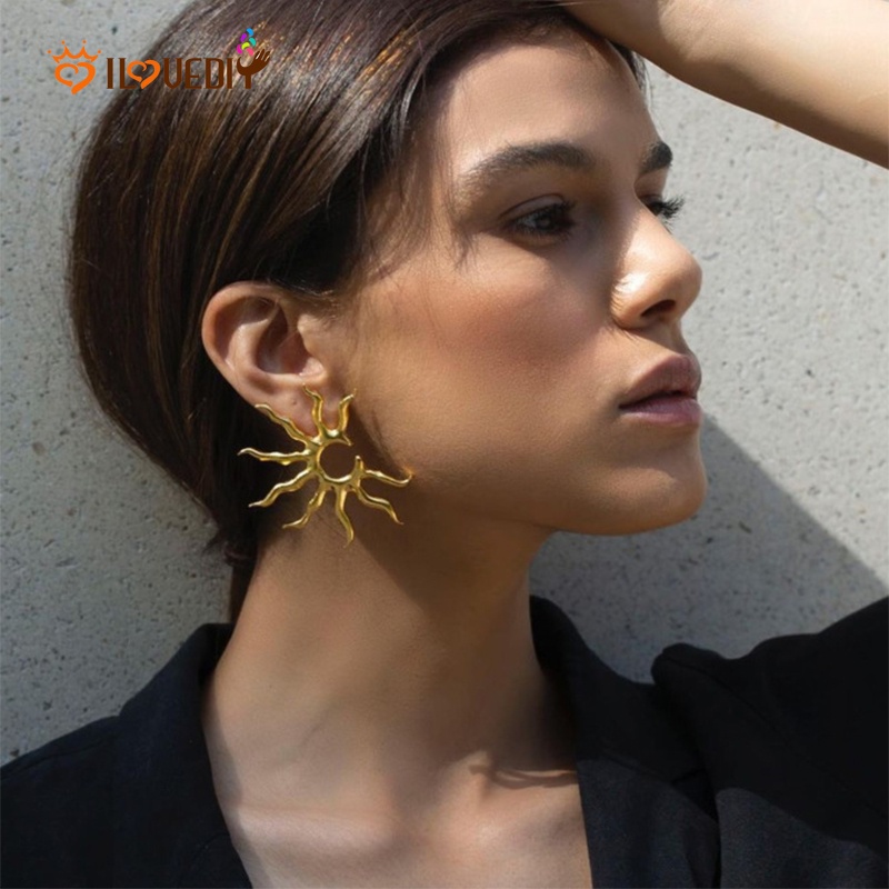 Anting Stud Bentuk Matahari Geometris Gaya Vintage Untuk Wanita