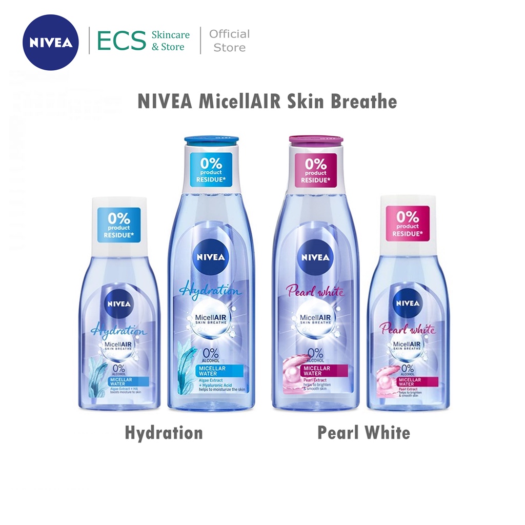 NIVEA Micellar Water MicellAIR Skin Breathe 125ml / 200ml - Pearl White / Hydration - BPOM Pembersih Make Up Wajah - Cleanser Double Cleansing Micelar 0% Bebas Tanpa Alkohol Biru Pink  Miceair Micell Air