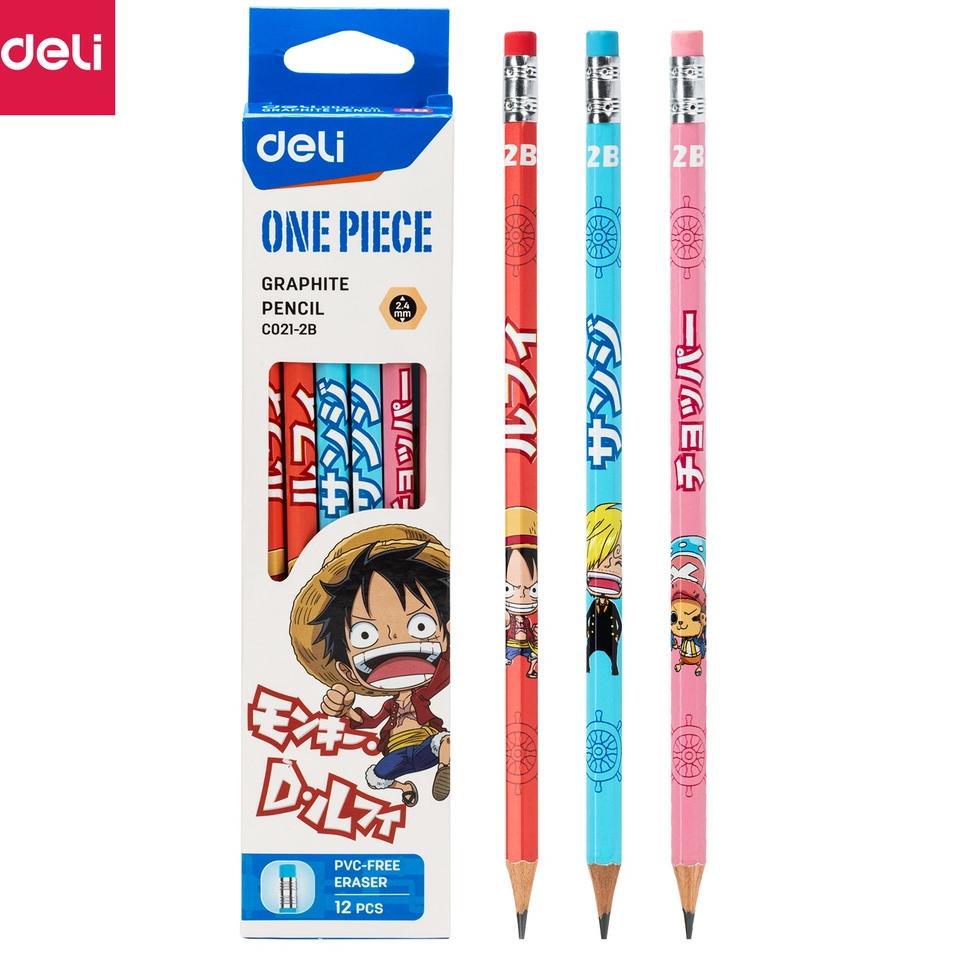 

⸨CaF ♞⸩ Deli One Piece Graphit Pencil / Pensil Kayu Grafit 2B Lucu Kartun One Piece Free Penghapus 12 Pcs / Box EC021-2B |Ready.stok