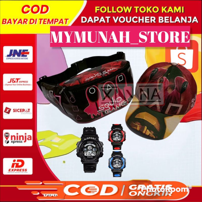 (COD) TAS SELEMPANG ANAK/WAISTBAG ANAK KARAKTER SQUID GAME/GRATIS JAM SPORT ANAK