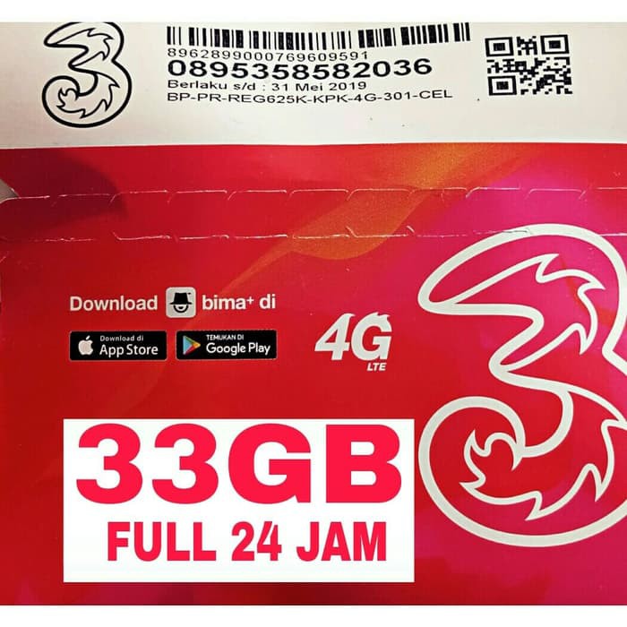 perdana,VOUCHER INTERNET/PAKET DATA INTERNET THREE/3/TRI 33GB 4G