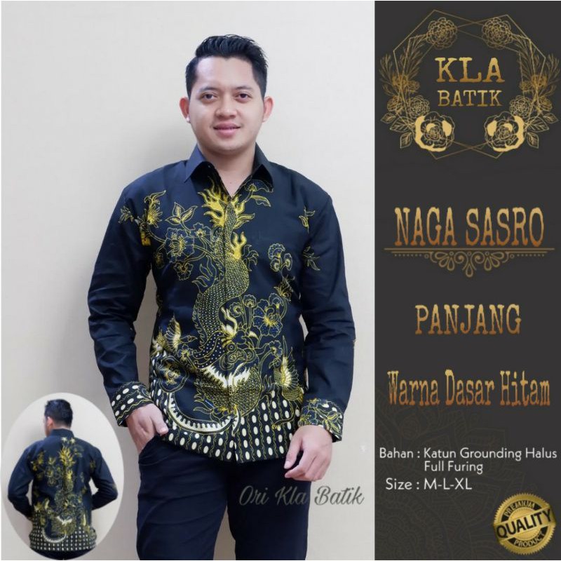 Kemeja Batik Lengan Panjang Pria NAGA SASTRO PANJANG Warna Dasar Hitam Bahan Katun Halus Full Furing