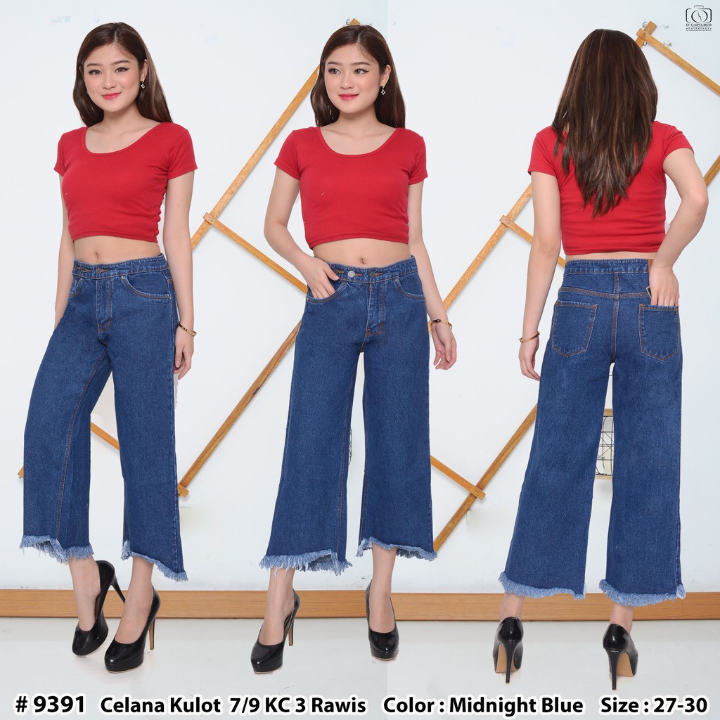 Khlove89 Aener Celana Kulot 7/9 Jeans Rawis Kancing 3 Wanita Cullote Rumbai Kekinian Kaki Bulu Denim