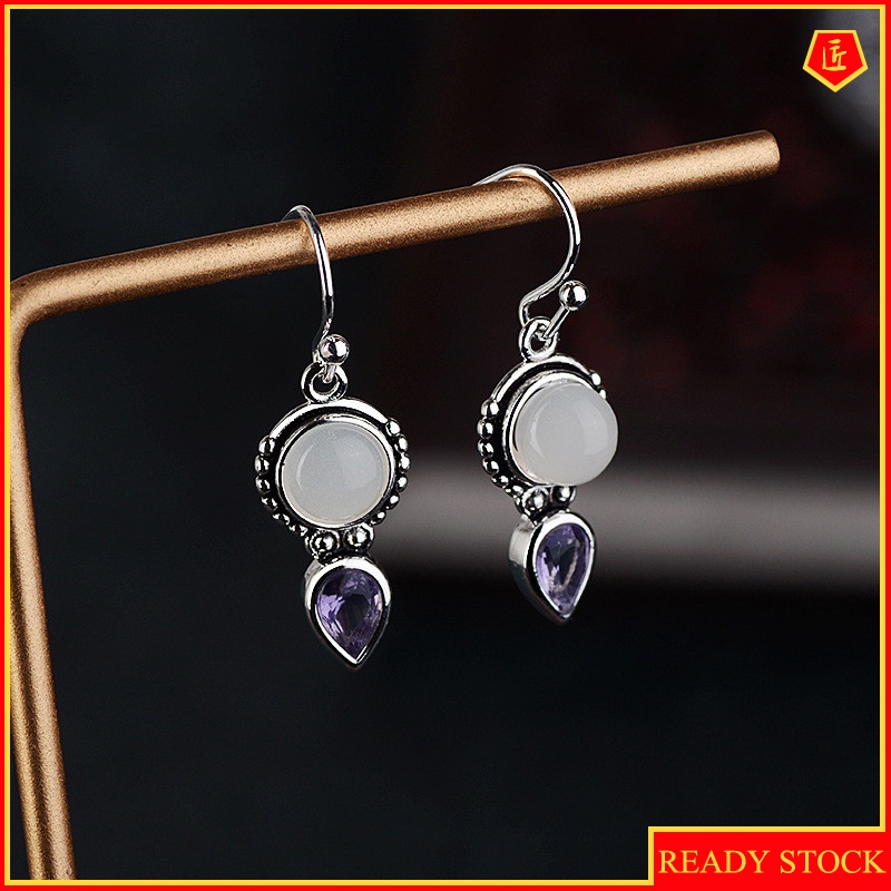 [Ready Stock]S925 Retro Silver Amethyst Moonstone Earrings Temperament
