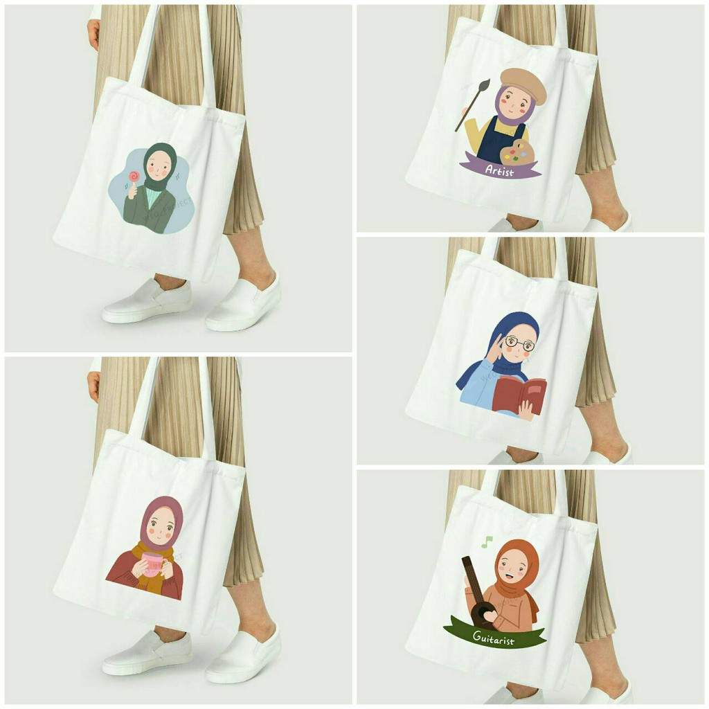 TOTE BAG KANVAS / TOTE BAG WANITA / TOTE BAG HIJAB ILUSTRASI