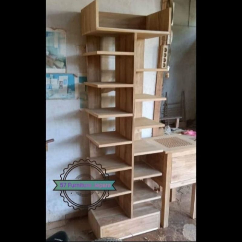 Rak buku kantor/rumah - Rak display boneka/tas mewah kayu jati mentahan