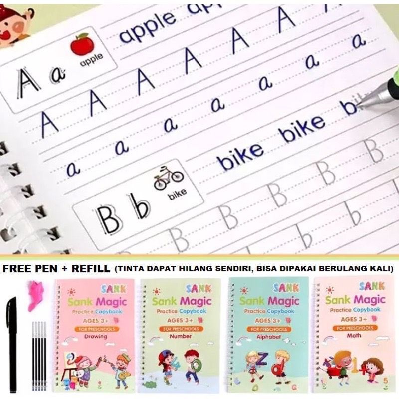 SANK MAGIC BOOK / 4 IN 1 SET BUKU BELAJAR ANAK PAUD / MAGIC BOOKS WITH PEN REFIILLS