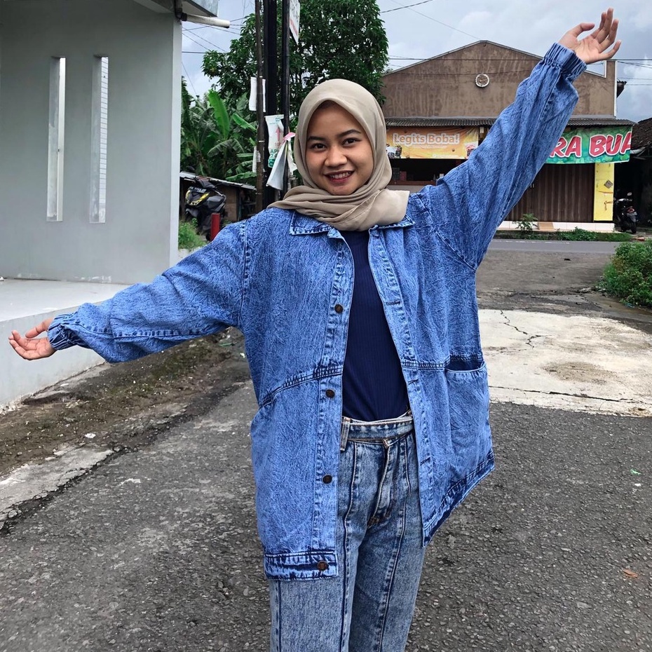 JAKET JEANS ALMA SANDWASH JUMBO LD 100-146 BAHAN DENIM JAKET WANITA CROPTY BIGSIZE-3