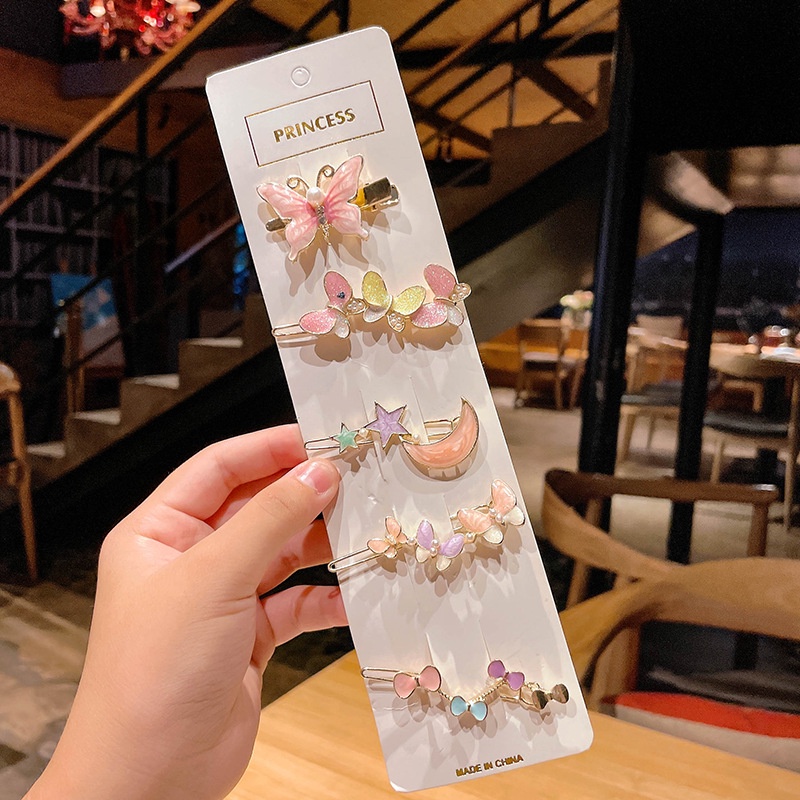 5pcs / set Jepit Rambut Desain Beruang Butterfly Bintang Bulan Bunga Mutiara Buatan Untuk Wanita
