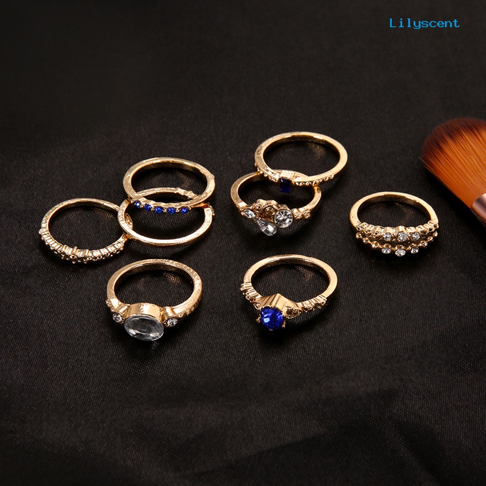 8pcs / Set Cincin Knuckle Midi Slim Stacking Aksen Berlian Imitasi Untuk Wanita