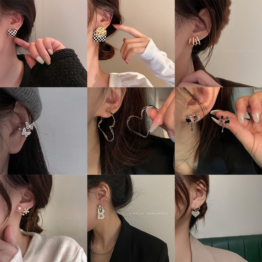 Anting Stud Kristal Mutiara Bentuk Hati Salib Bulat Warna Emas Untuk Wanita