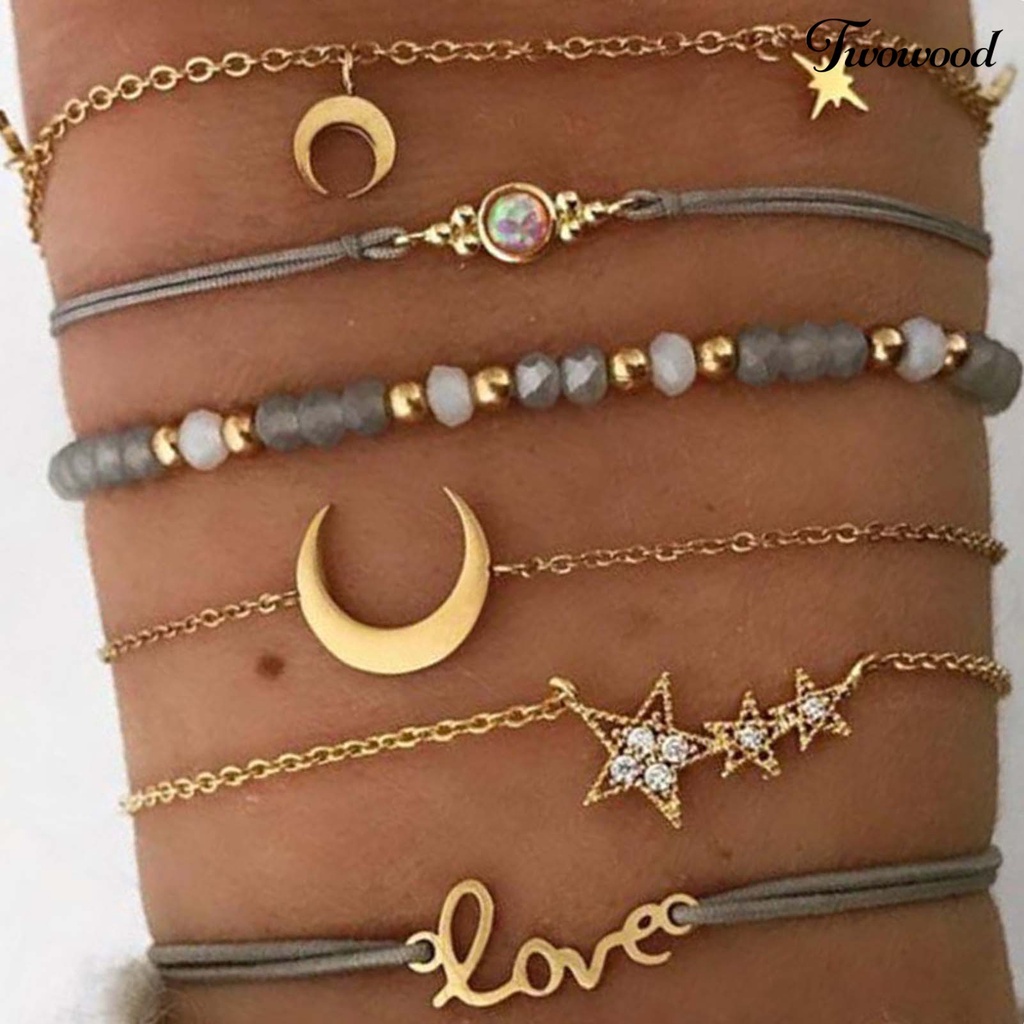 6pcs / Set Gelang Desain Bulan Hati Bahan Alloy Untuk Harian