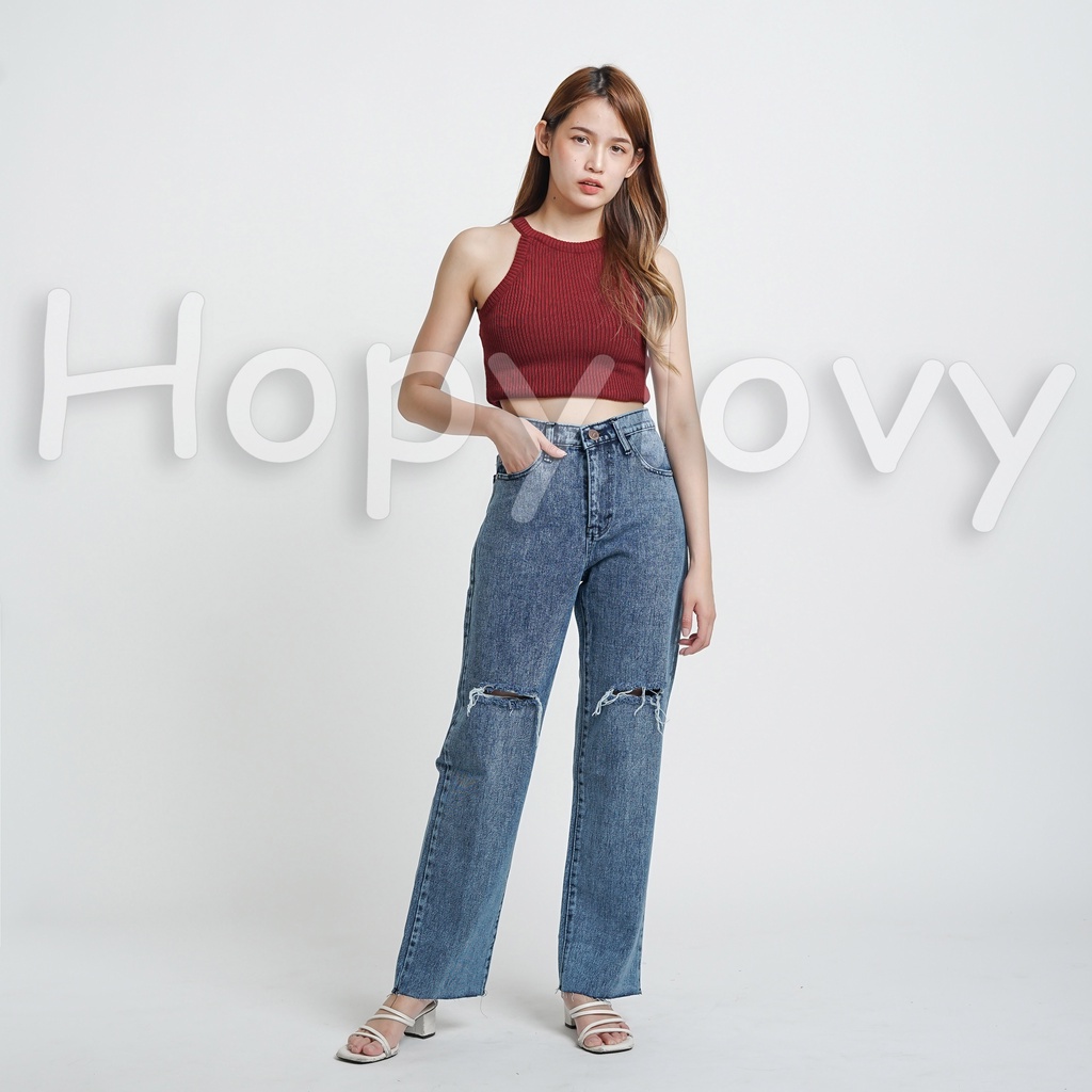 HOPYLOVY - Celana Highwaist Boyfriend Loose Jeans Wanita BF Sobek Unfinished Nediva