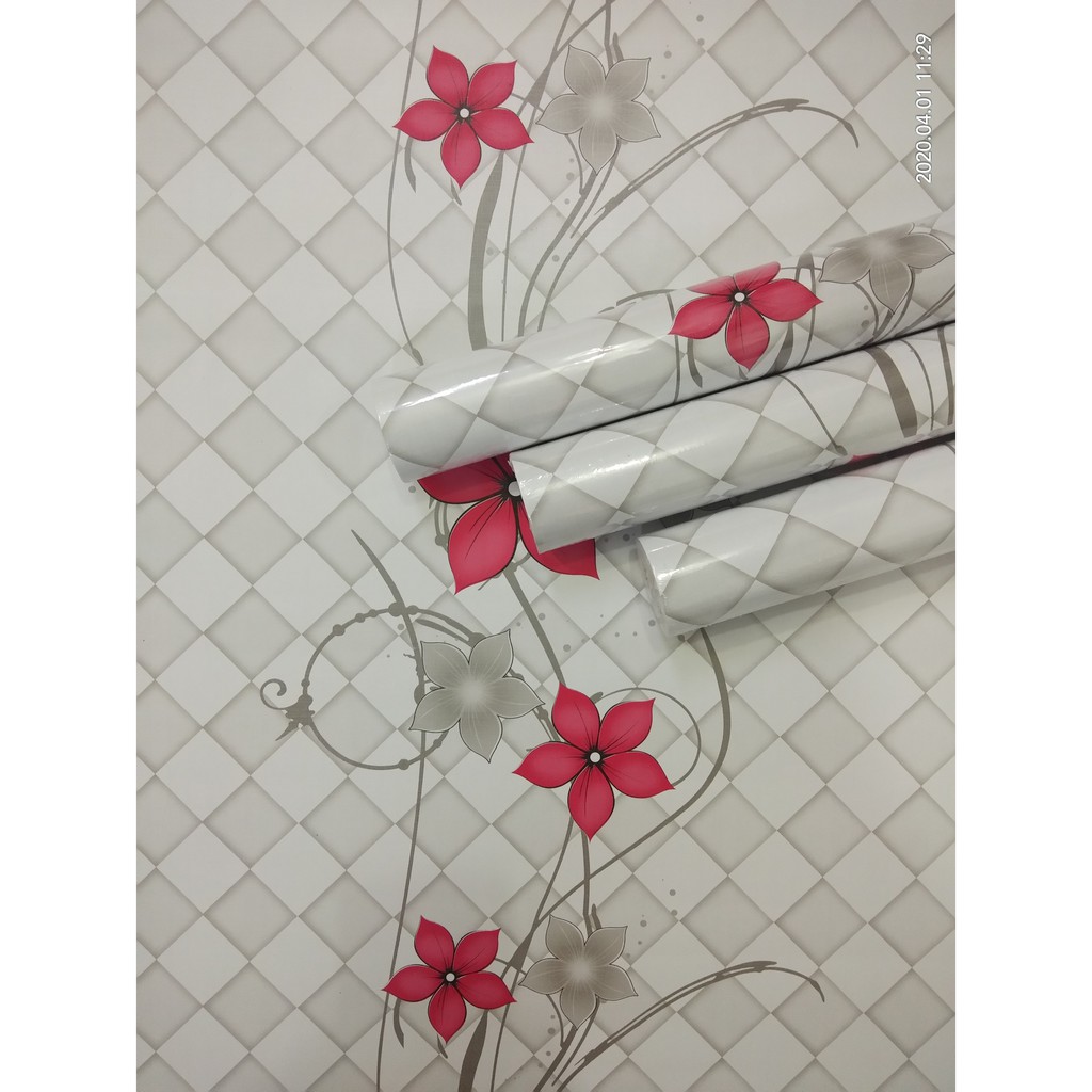 Wallpaper Dinding Motif Ranting Daun Merah Ukuran 10 Meter x 45 Cm