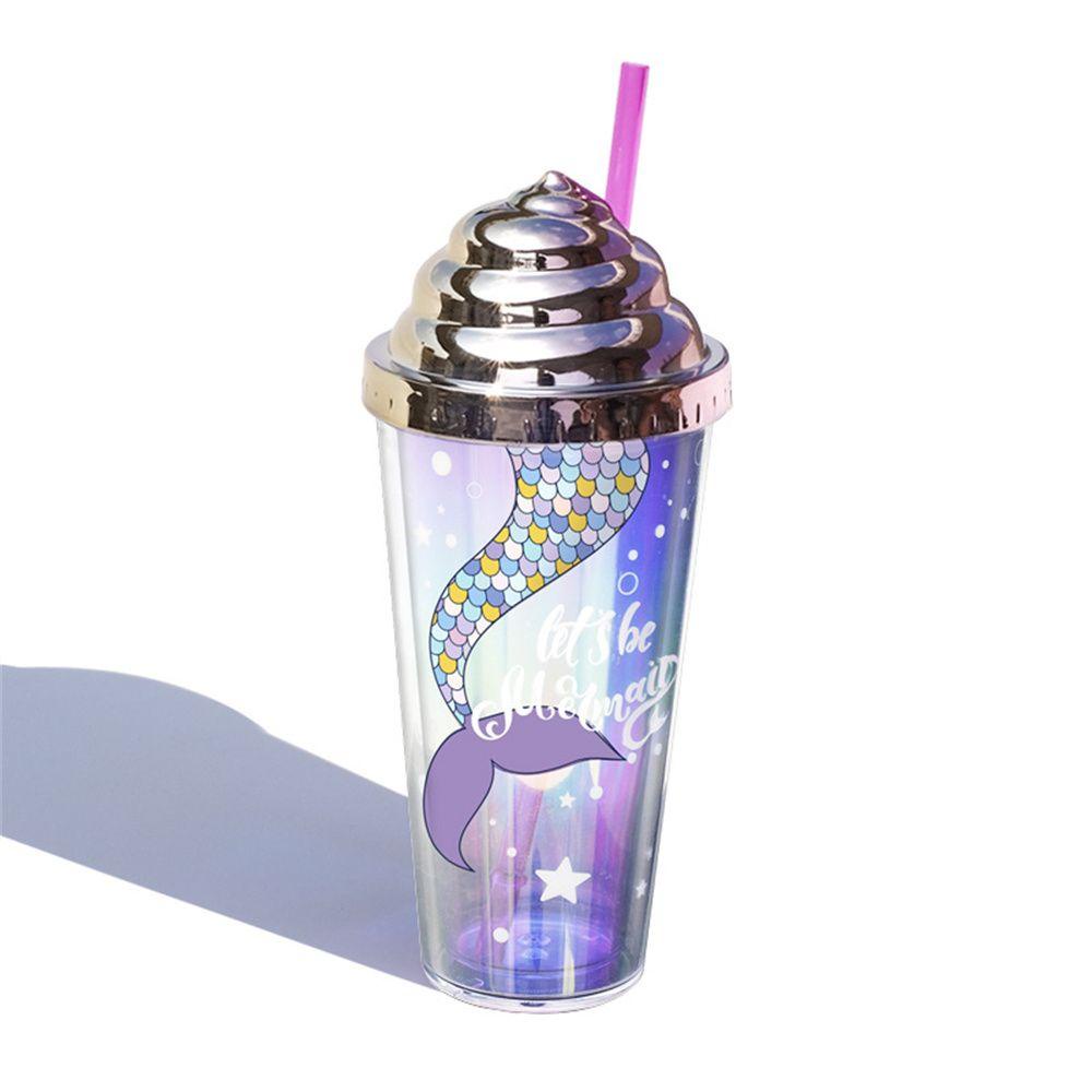 R-FLOWER 420ml Botol Air Dinding Ganda Ins Gaya Dengan Sedotan Perlengkapan Minum Gradien Glittery Mermaid Juice Teh Susu Mug