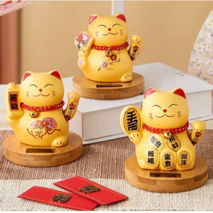 Kucing Keramik Gold Maneki Neko Jepang Pajangan Keramik TATAKAN KAYU Harga Grosir Termurah