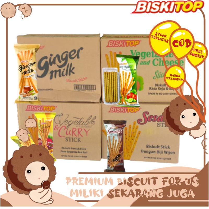 

BISKITOP - (1 DUS) Vegetable Cheese Gingger Milk Curry Stick Sesame Stick Biskuit Biskitop Lebaran