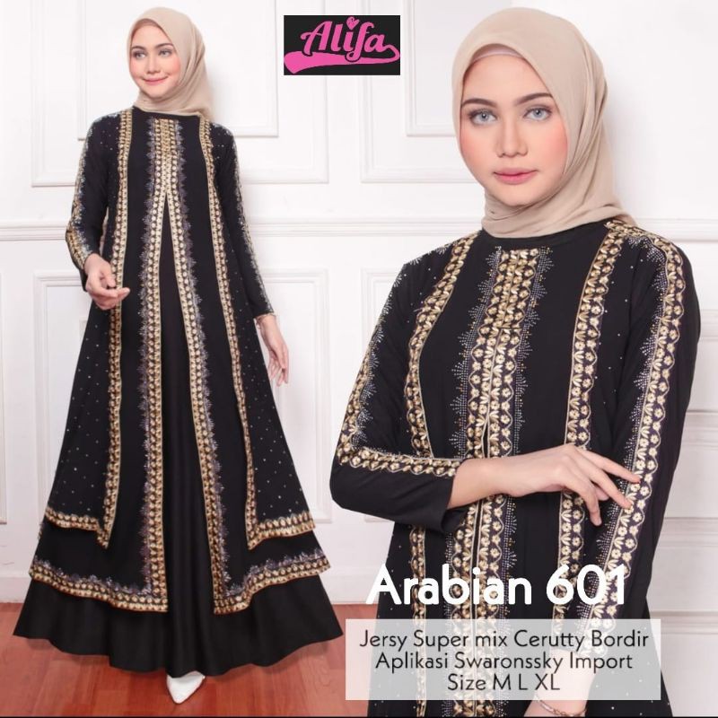 ABAYA ARABIAN HITAM BORDIR,GAMIS ARABIAN HITAM BORDIR EMAS