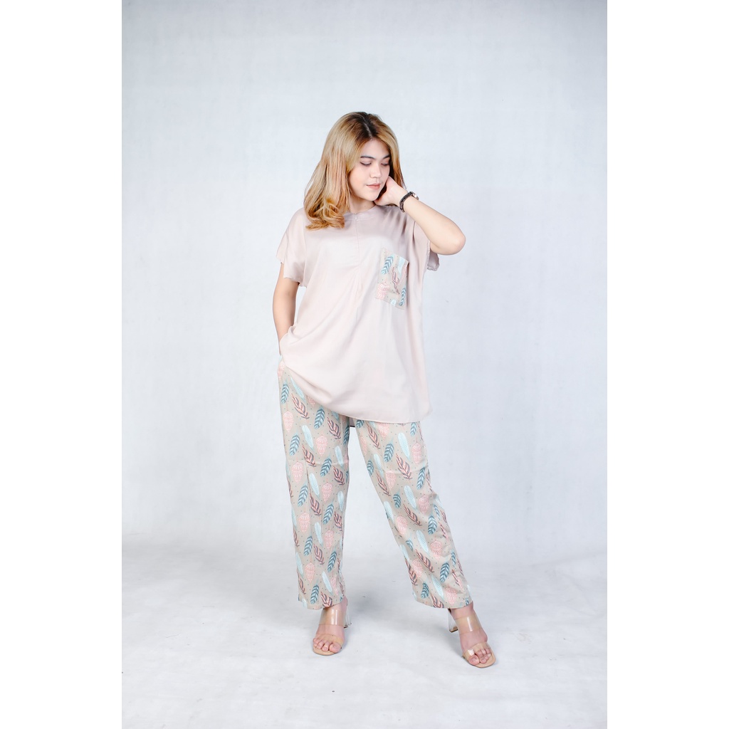 Setelan Piyama Babydoll Lengan Pendek Kekinian Baju Tidur One Set Rayon Premium Wanita Dewasa Busui-Mocca Leaf