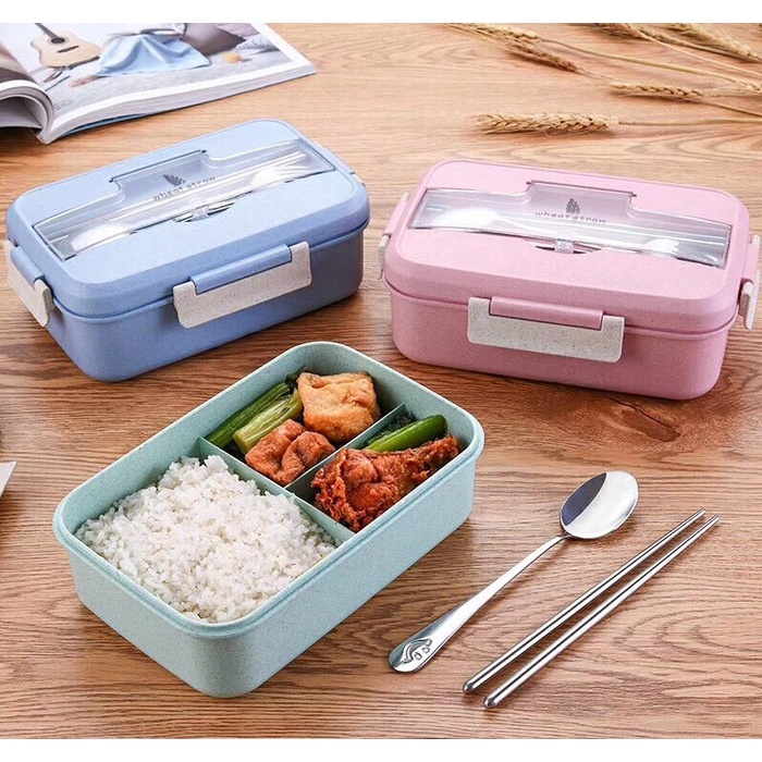 Sgmshop Kotak Tempat makan Bahan Jerami Gandum Lunch Box Dengan Sendok Garpu Sumpit