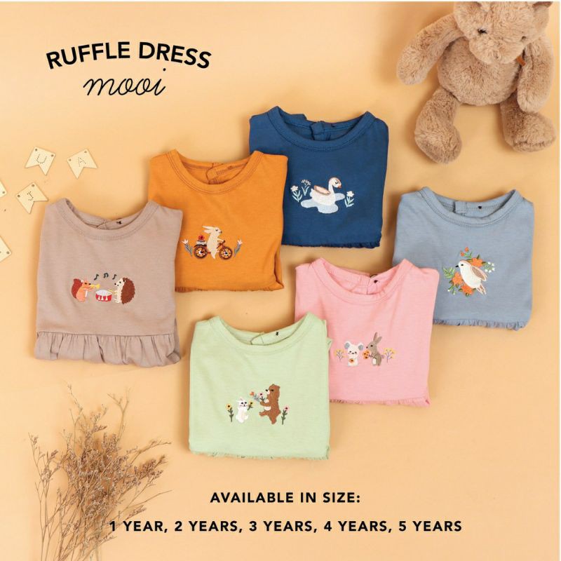 Mooi Ruffles Dress Anak Polos Cewek Bayi Perempuan Baby Girl 1 2 3 4 5 Tahun Rok Daster