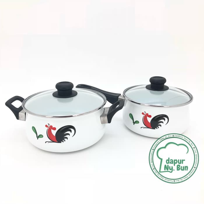 Panci Enamel 2 Set Ayam Jago Seri 2  Panci + Tutup  Panci 2 In 1 M253