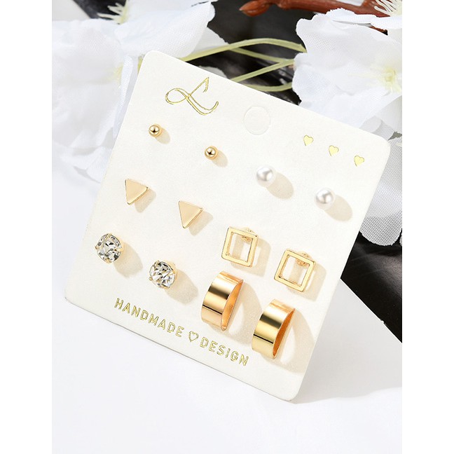 LRC Anting Set Fashion Gold Geometric Diamond Stud Earrings 6 Pairs F29793